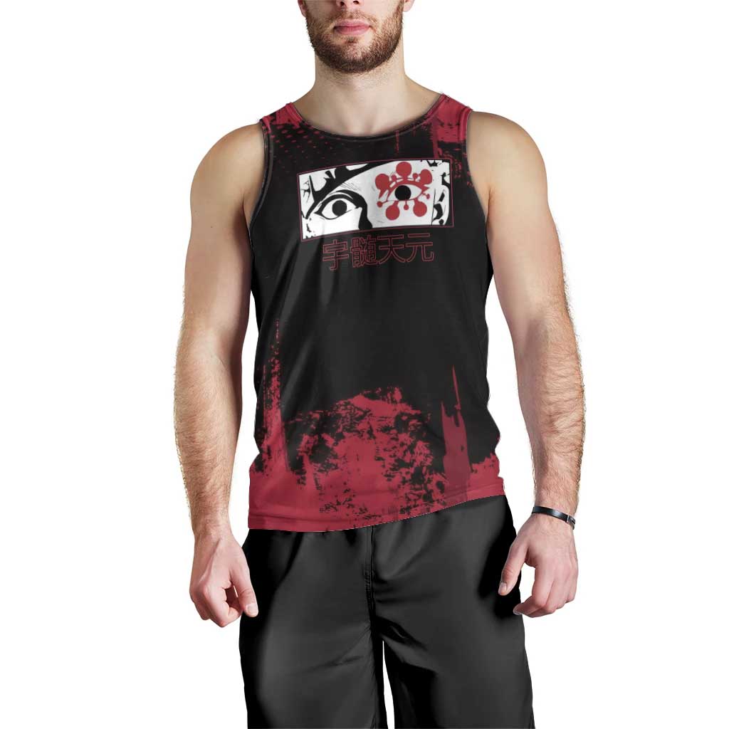 Tengen Uzui Demon Slayer Flashy Red Grunge Design Men Tank Top with Eye Detail and Dual Sword Pose - The Mazicc