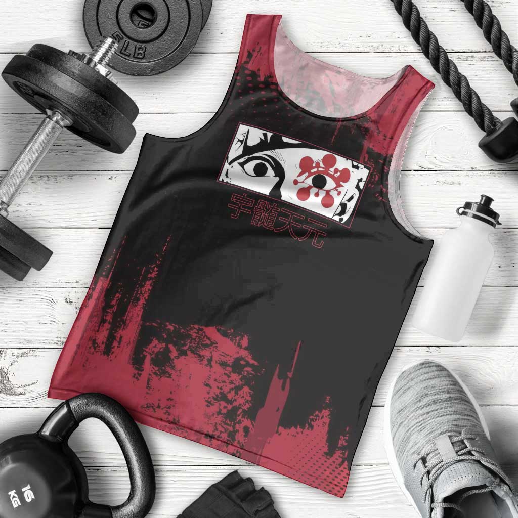 Tengen Uzui Demon Slayer Flashy Red Grunge Design Men Tank Top with Eye Detail and Dual Sword Pose - The Mazicc