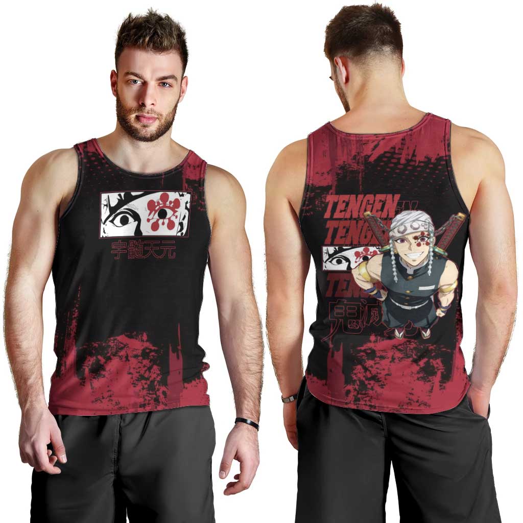 Tengen Uzui Demon Slayer Flashy Red Grunge Design Men Tank Top with Eye Detail and Dual Sword Pose - The Mazicc