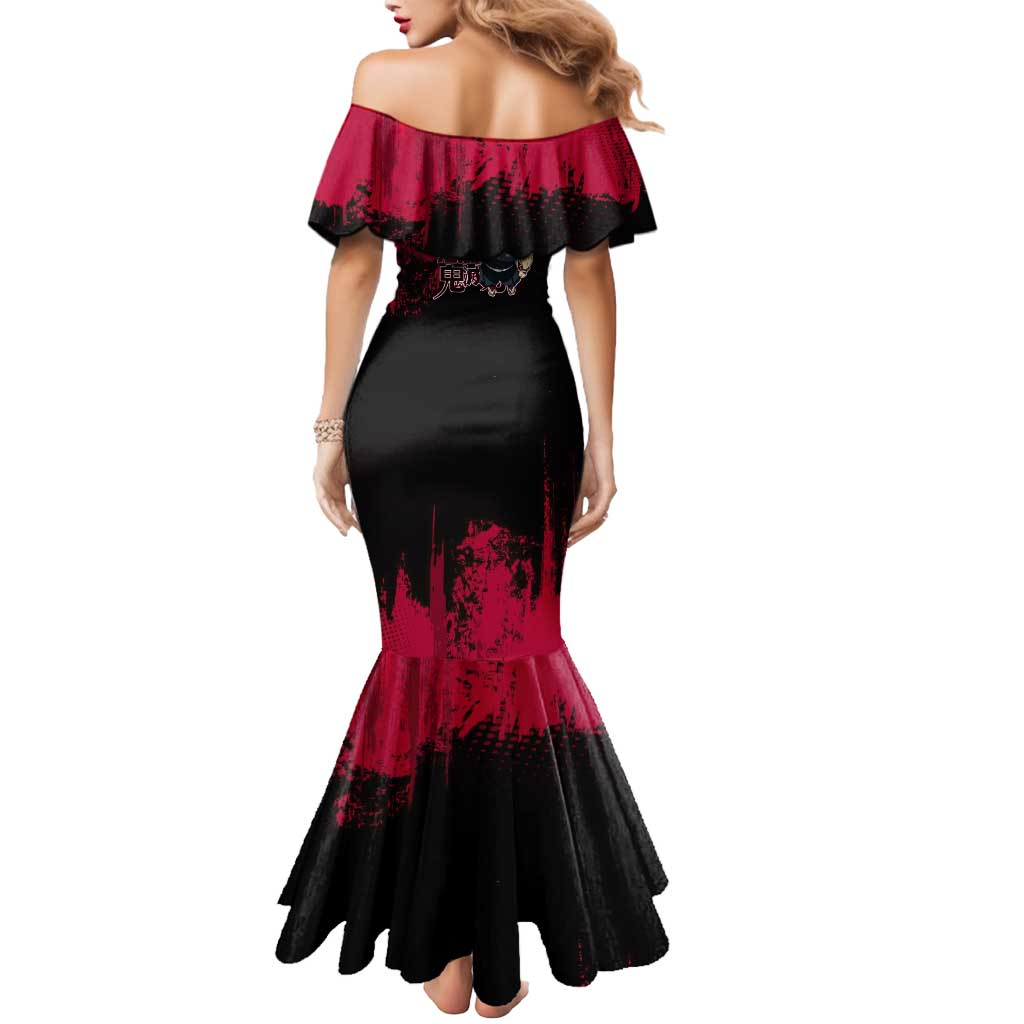 Tengen Uzui Demon Slayer Flashy Red Grunge Design Mermaid Dress with Eye Detail and Dual Sword Pose - The Mazicc