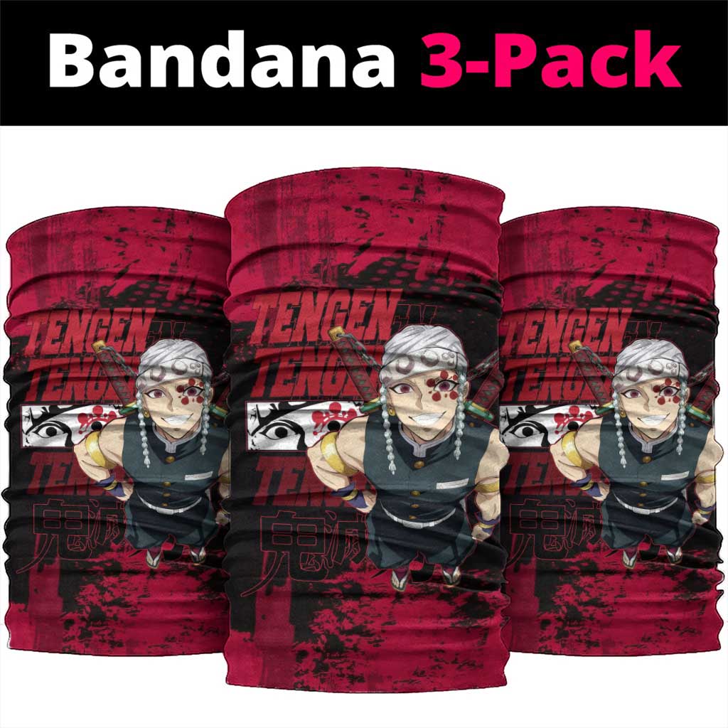 Tengen Uzui Demon Slayer Flashy Red Grunge Design Neck Gaiter with Eye Detail and Dual Sword Pose - The Mazicc