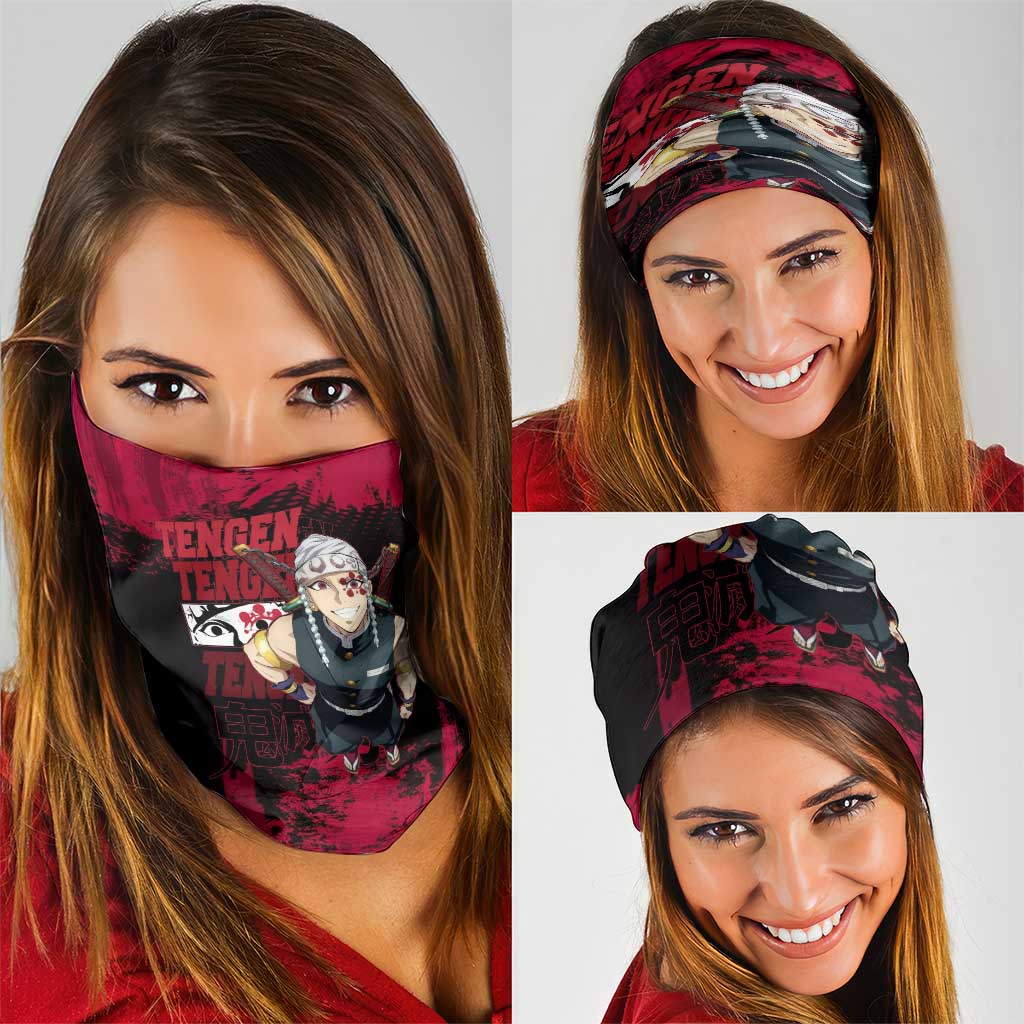Tengen Uzui Demon Slayer Flashy Red Grunge Design Neck Gaiter with Eye Detail and Dual Sword Pose - The Mazicc
