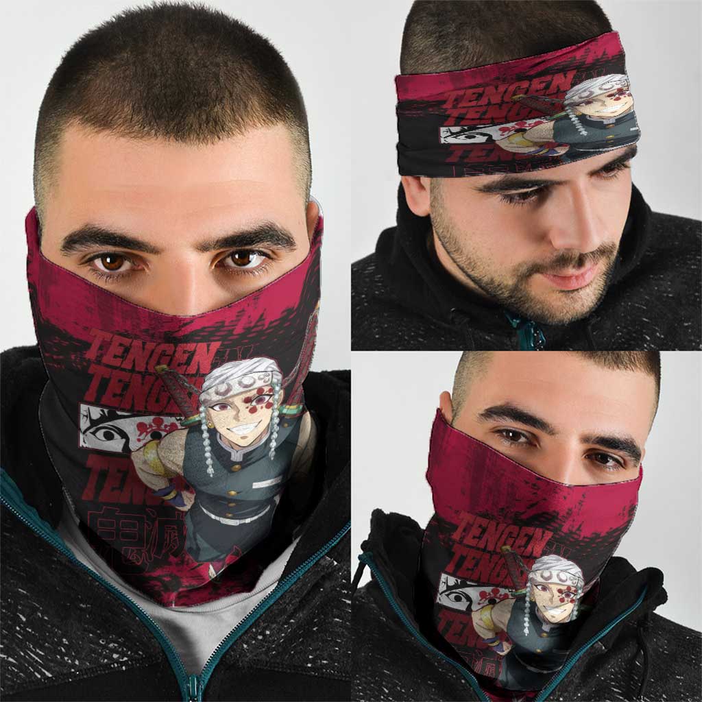 Tengen Uzui Demon Slayer Flashy Red Grunge Design Neck Gaiter with Eye Detail and Dual Sword Pose - The Mazicc