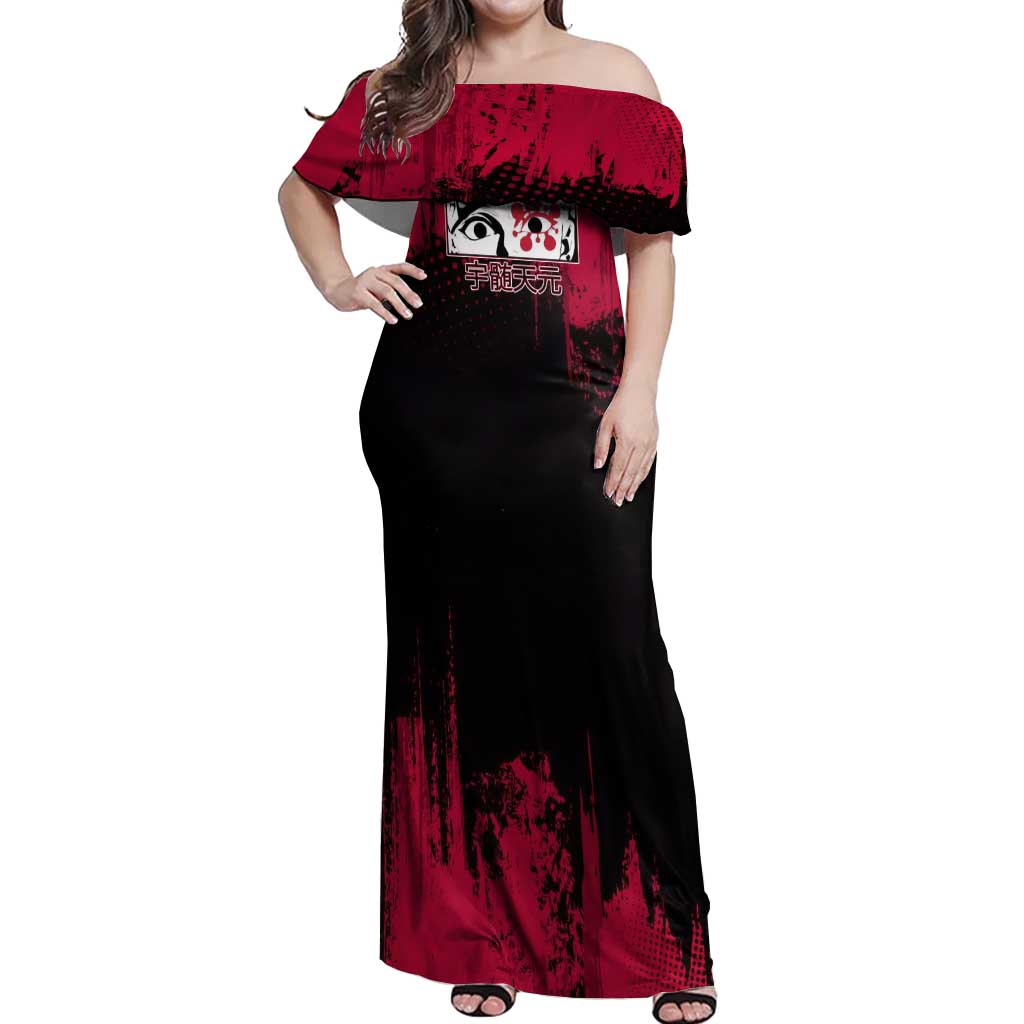 Tengen Uzui Demon Slayer Flashy Red Grunge Design Off Shoulder Maxi Dress with Eye Detail and Dual Sword Pose - The Mazicc