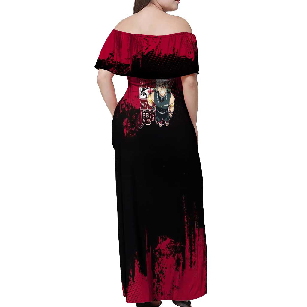 Tengen Uzui Demon Slayer Flashy Red Grunge Design Off Shoulder Maxi Dress with Eye Detail and Dual Sword Pose - The Mazicc