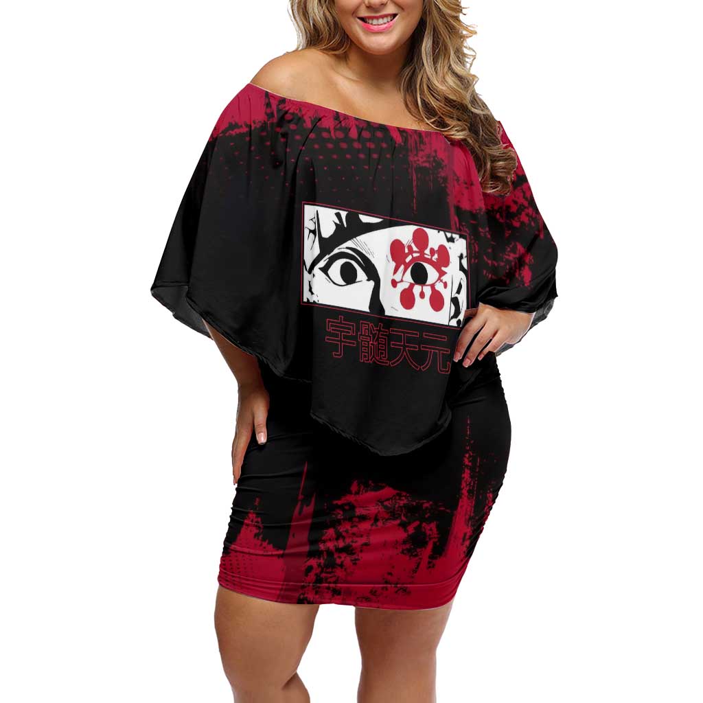 Tengen Uzui Demon Slayer Flashy Red Grunge Design Off Shoulder Short Dress with Eye Detail and Dual Sword Pose - The Mazicc