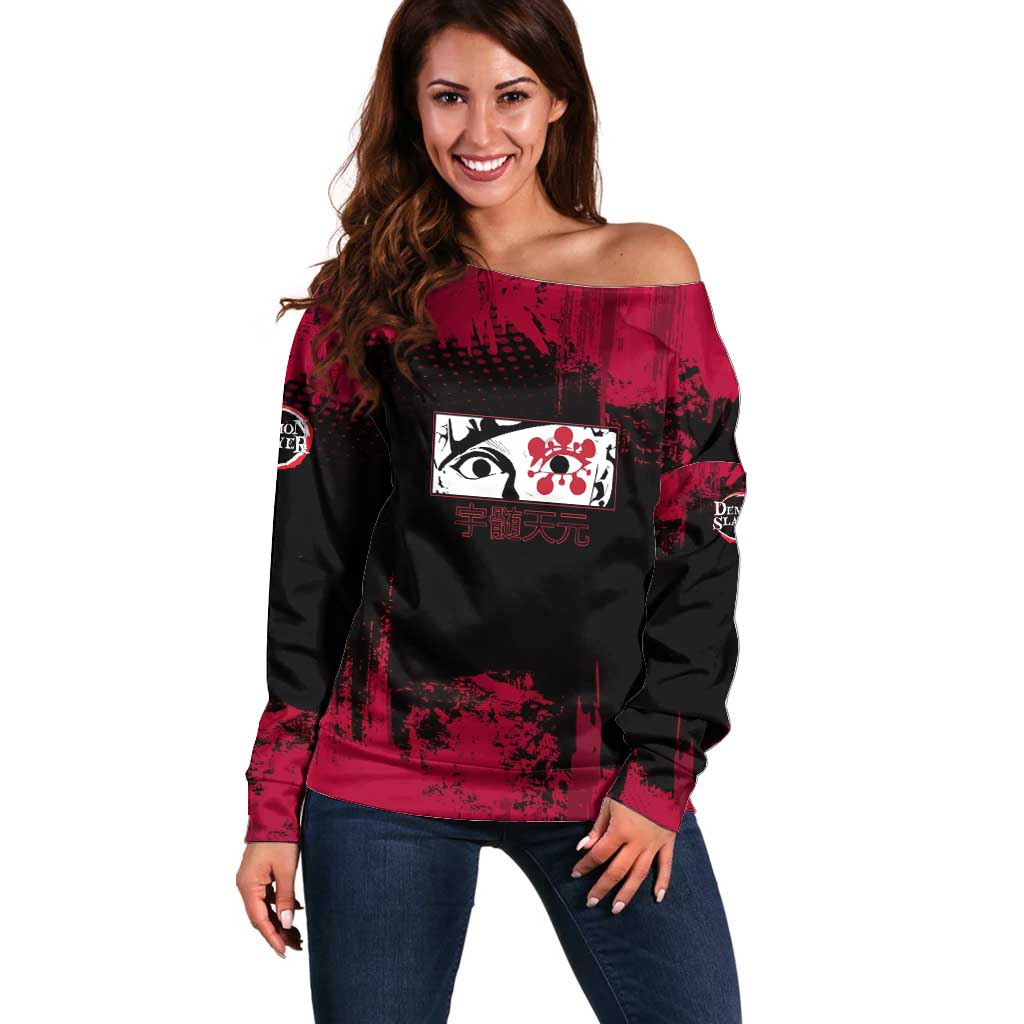 Tengen Uzui Demon Slayer Flashy Red Grunge Design Off Shoulder Sweater with Eye Detail and Dual Sword Pose - The Mazicc