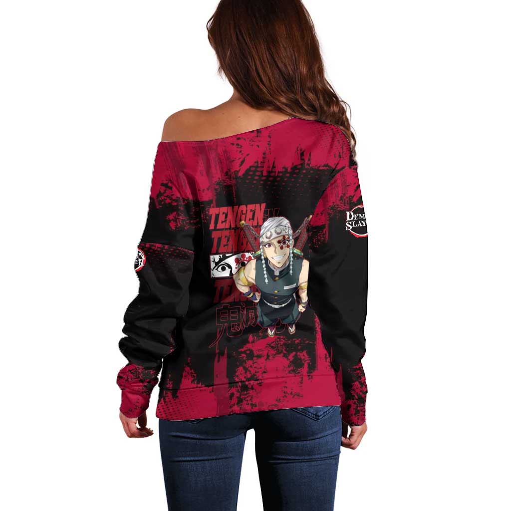 Tengen Uzui Demon Slayer Flashy Red Grunge Design Off Shoulder Sweater with Eye Detail and Dual Sword Pose - The Mazicc