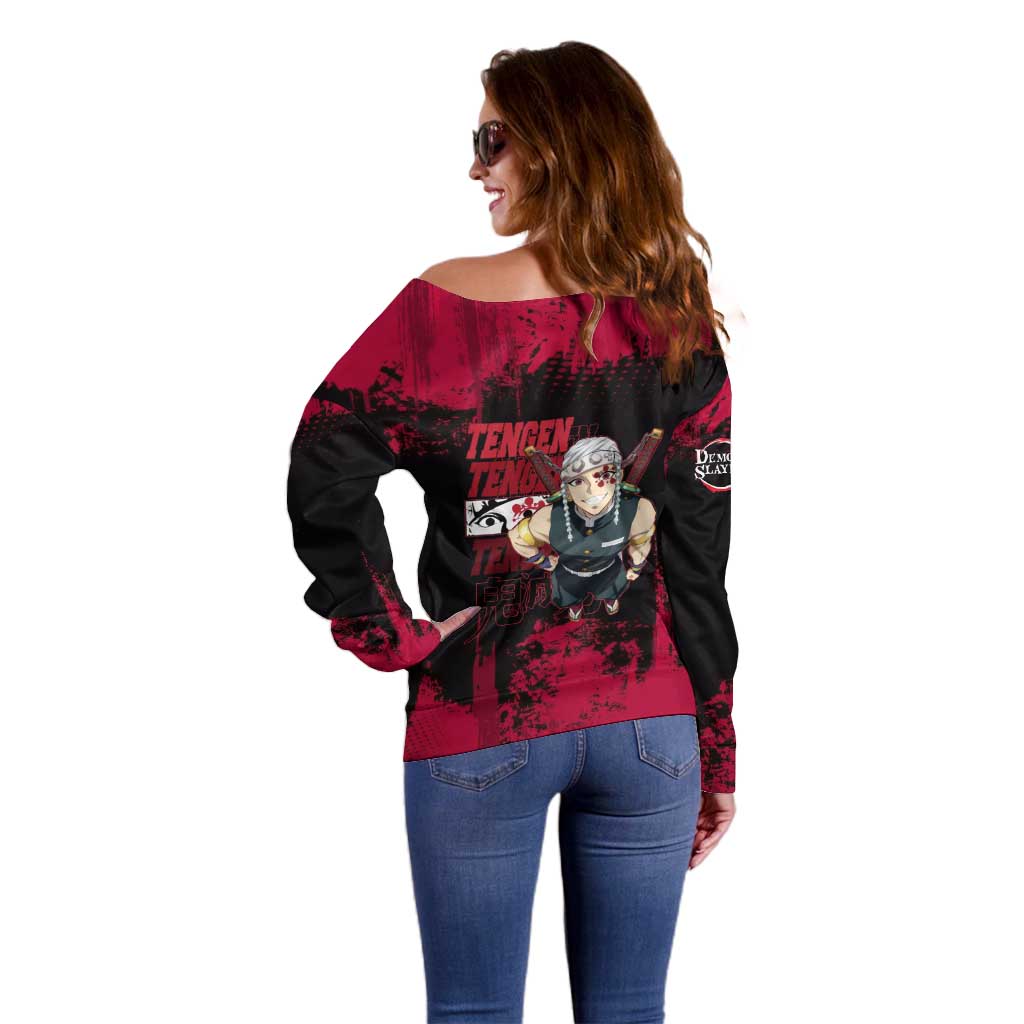 Tengen Uzui Demon Slayer Flashy Red Grunge Design Off Shoulder Sweater with Eye Detail and Dual Sword Pose - The Mazicc