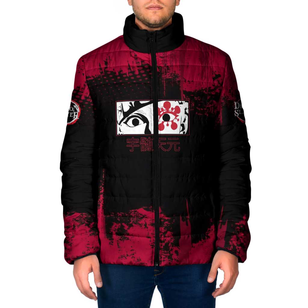 Tengen Uzui Demon Slayer Flashy Red Grunge Design Padded Jacket with Eye Detail and Dual Sword Pose - The Mazicc