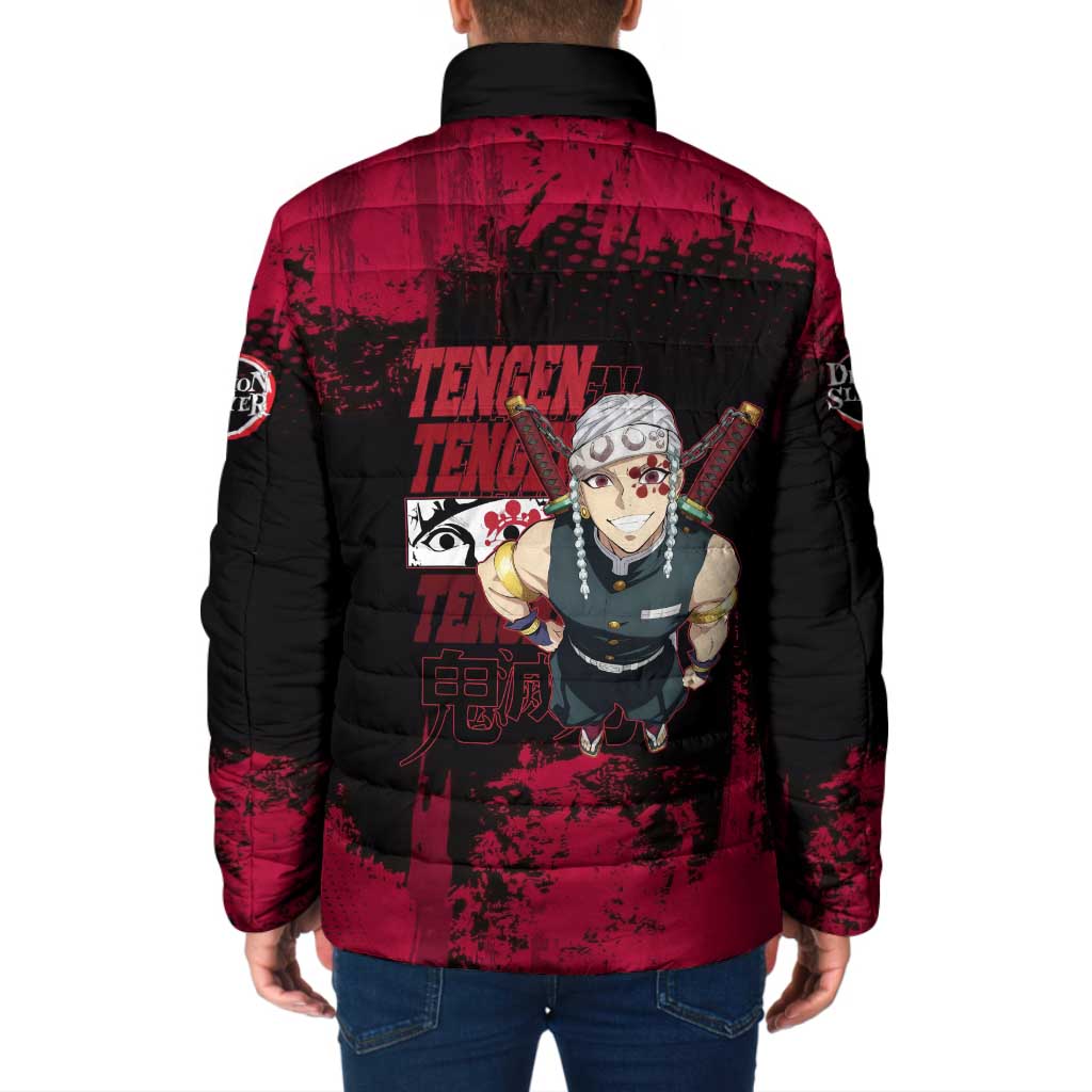 Tengen Uzui Demon Slayer Flashy Red Grunge Design Padded Jacket with Eye Detail and Dual Sword Pose - The Mazicc