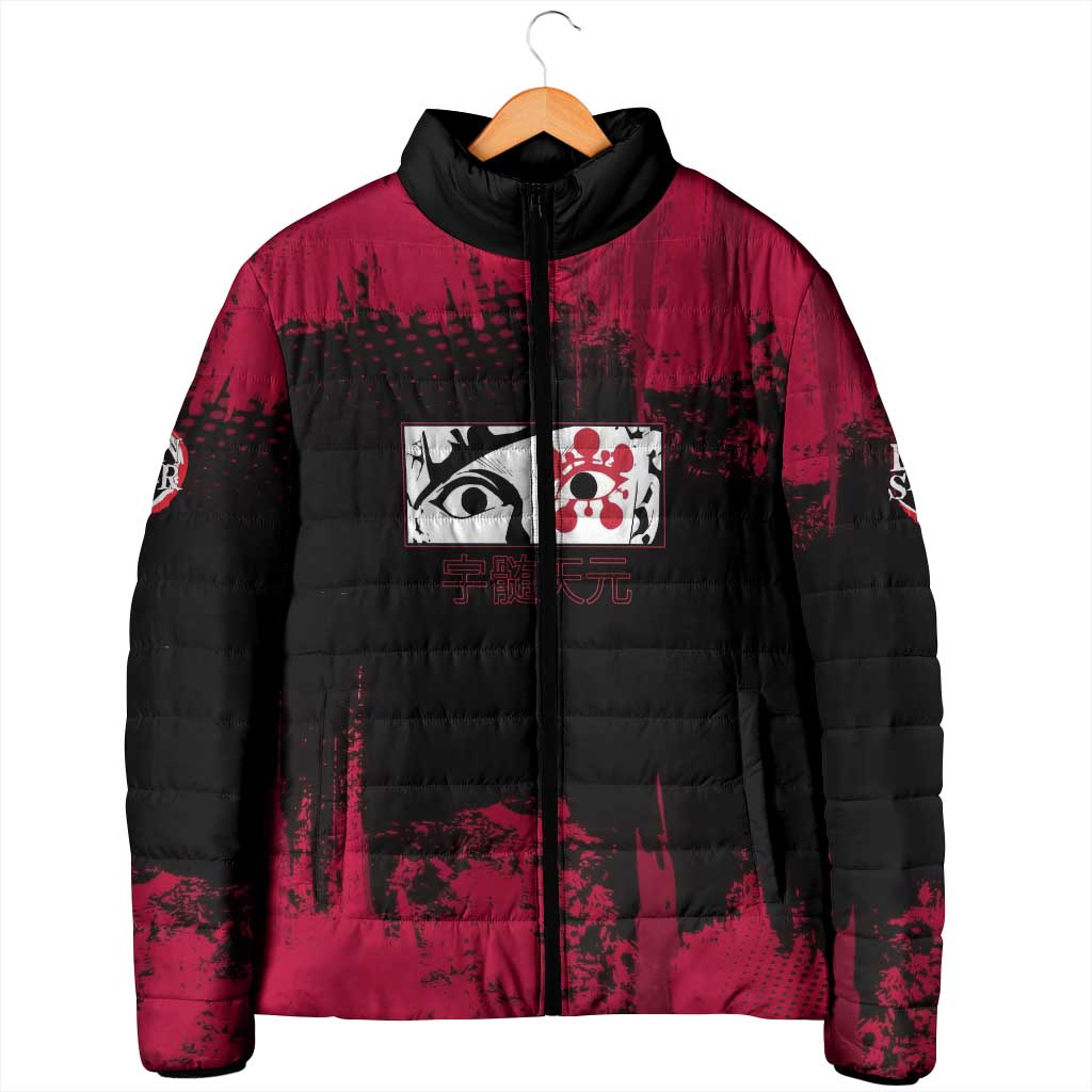 Tengen Uzui Demon Slayer Flashy Red Grunge Design Padded Jacket with Eye Detail and Dual Sword Pose - The Mazicc