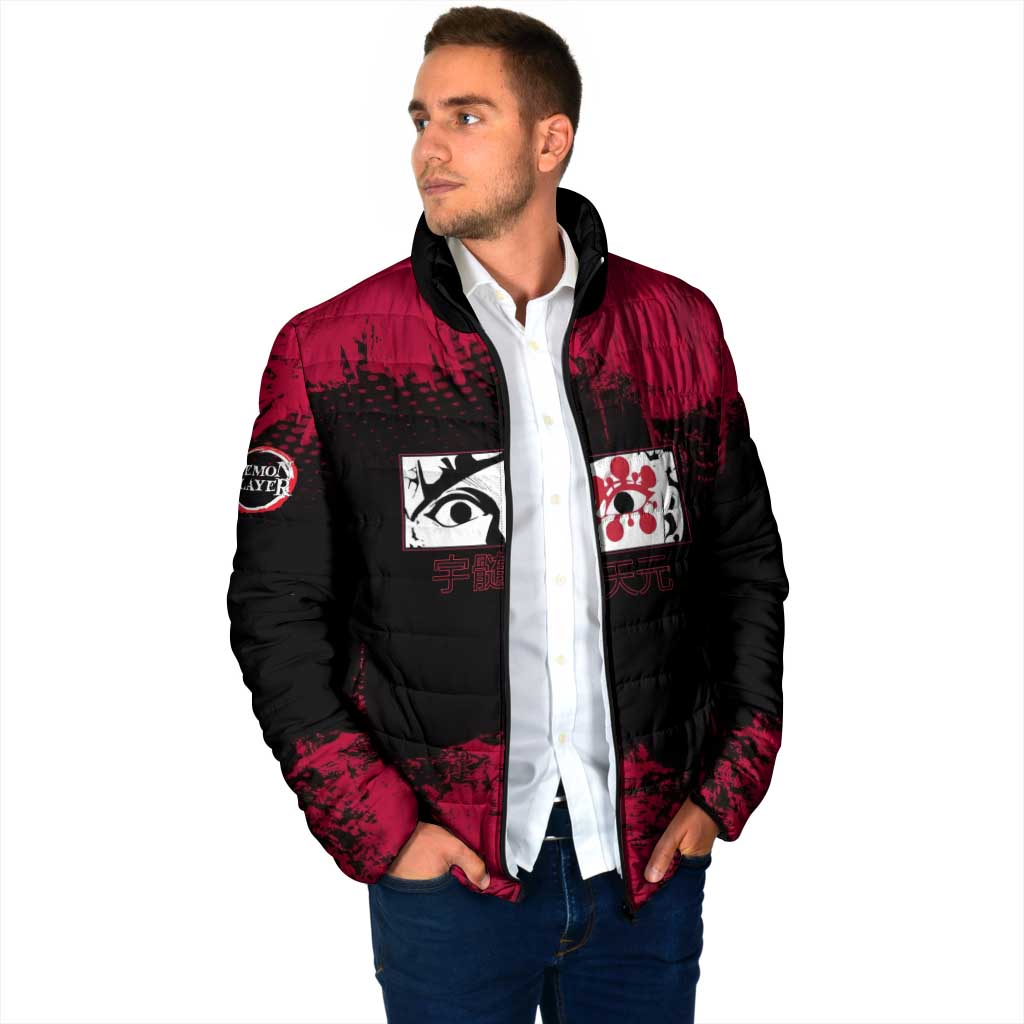 Tengen Uzui Demon Slayer Flashy Red Grunge Design Padded Jacket with Eye Detail and Dual Sword Pose - The Mazicc