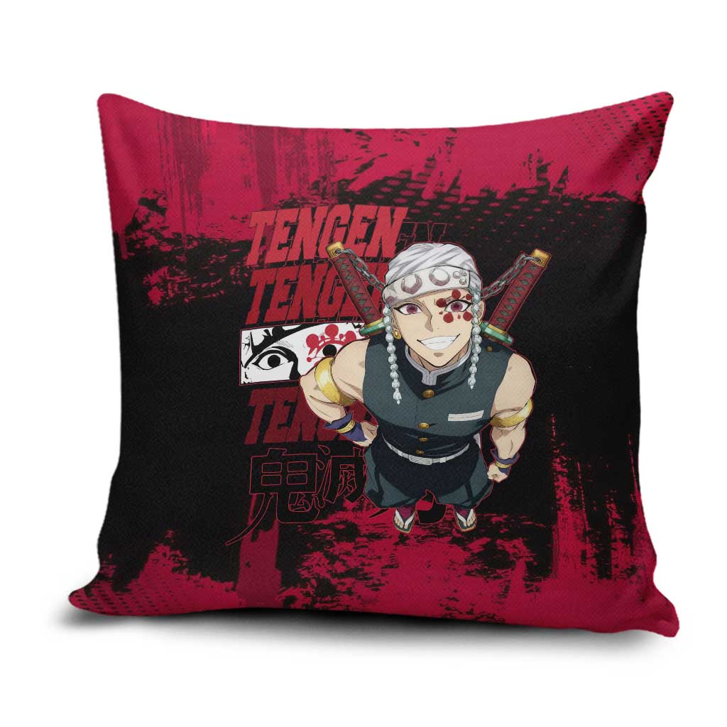 Tengen Uzui Demon Slayer Flashy Red Grunge Design Pillow Cover with Eye Detail and Dual Sword Pose - The Mazicc