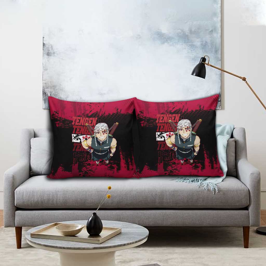 Tengen Uzui Demon Slayer Flashy Red Grunge Design Pillow Cover with Eye Detail and Dual Sword Pose - The Mazicc