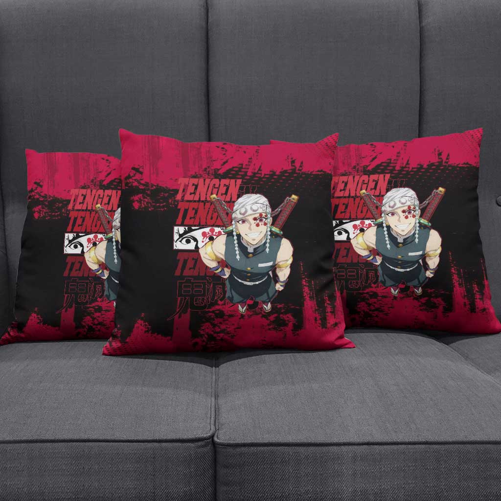 Tengen Uzui Demon Slayer Flashy Red Grunge Design Pillow Cover with Eye Detail and Dual Sword Pose - The Mazicc