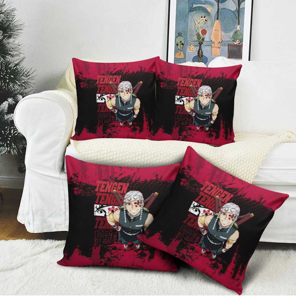 Tengen Uzui Demon Slayer Flashy Red Grunge Design Pillow Cover with Eye Detail and Dual Sword Pose - The Mazicc