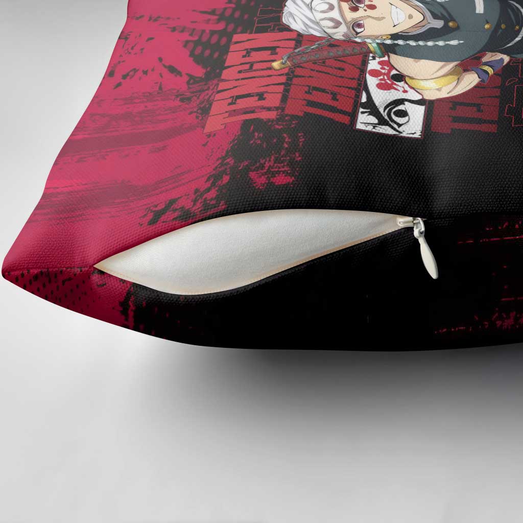 Tengen Uzui Demon Slayer Flashy Red Grunge Design Pillow Cover with Eye Detail and Dual Sword Pose - The Mazicc