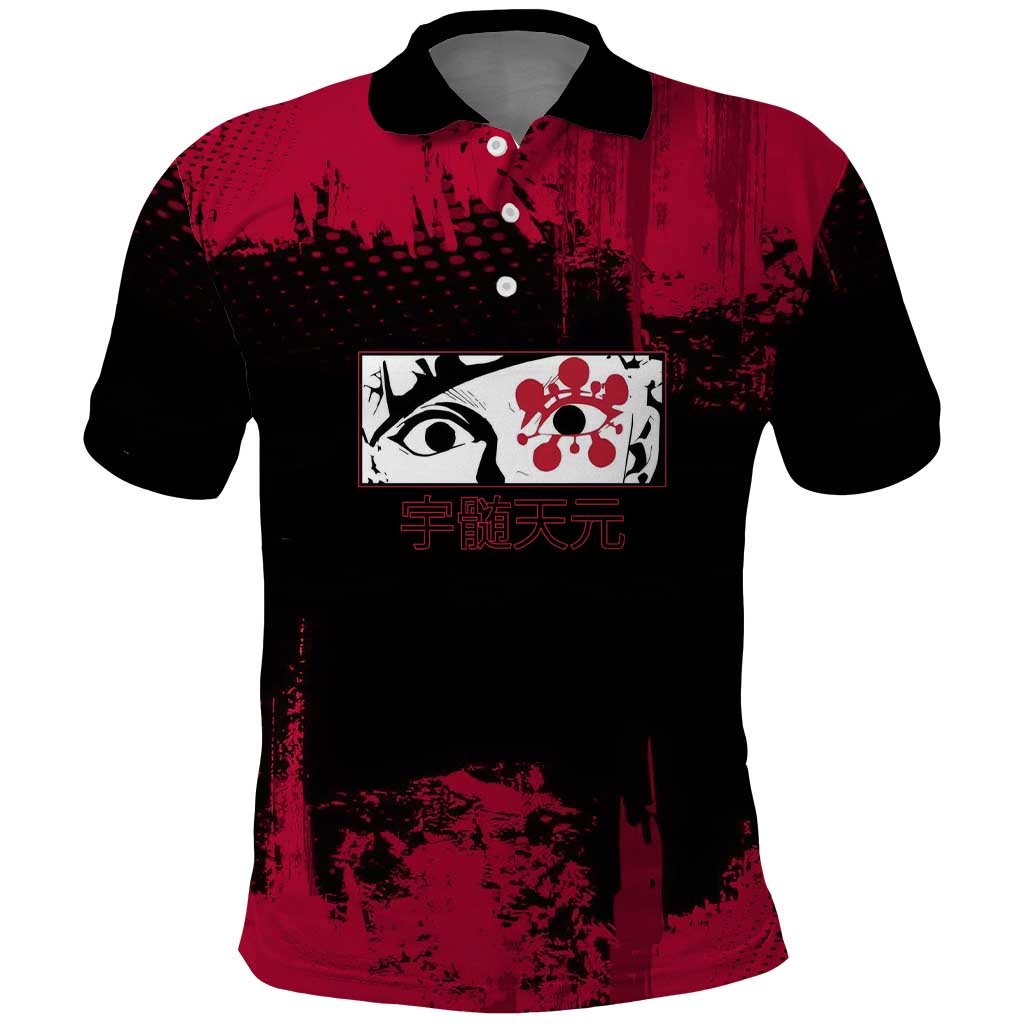 Tengen Uzui Demon Slayer Flashy Red Grunge Design Polo Shirt with Eye Detail and Dual Sword Pose - The Mazicc