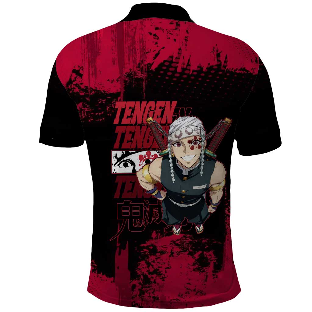 Tengen Uzui Demon Slayer Flashy Red Grunge Design Polo Shirt with Eye Detail and Dual Sword Pose - The Mazicc