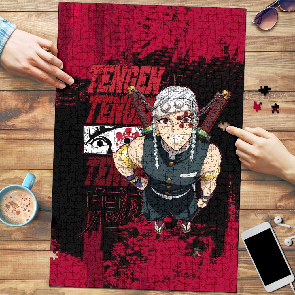 Tengen Uzui Demon Slayer Flashy Red Grunge Design Puzzle with Eye Detail and Dual Sword Pose - The Mazicc