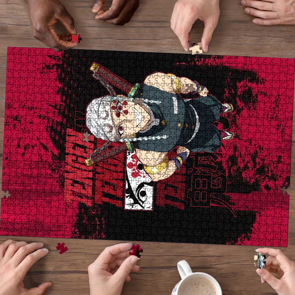 Tengen Uzui Demon Slayer Flashy Red Grunge Design Puzzle with Eye Detail and Dual Sword Pose - The Mazicc
