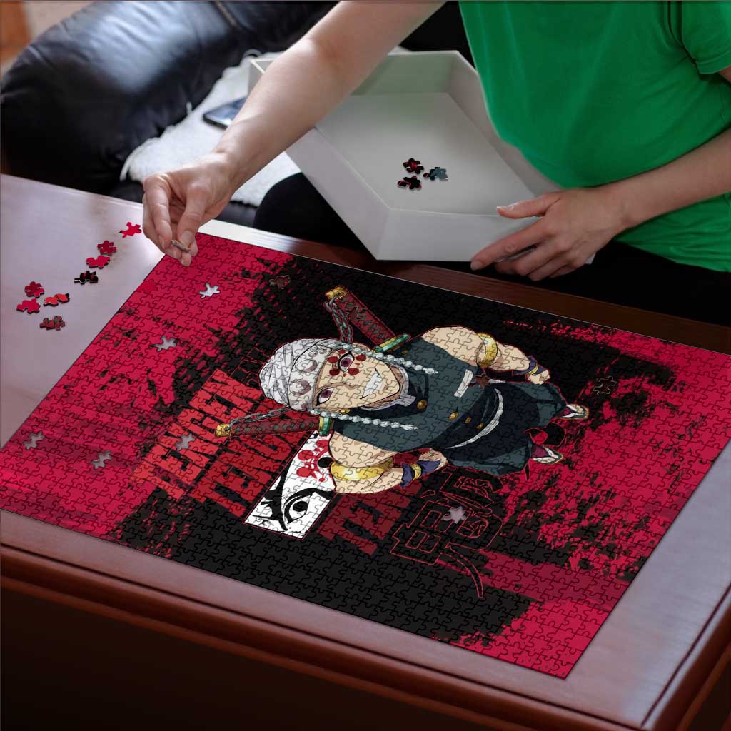 Tengen Uzui Demon Slayer Flashy Red Grunge Design Puzzle with Eye Detail and Dual Sword Pose - The Mazicc
