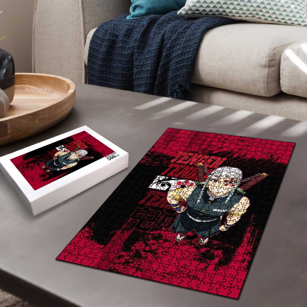 Tengen Uzui Demon Slayer Flashy Red Grunge Design Puzzle with Eye Detail and Dual Sword Pose - The Mazicc