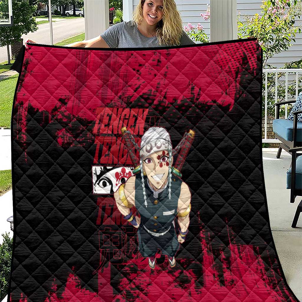 Tengen Uzui Demon Slayer Flashy Red Grunge Design Quilt with Eye Detail and Dual Sword Pose - The Mazicc
