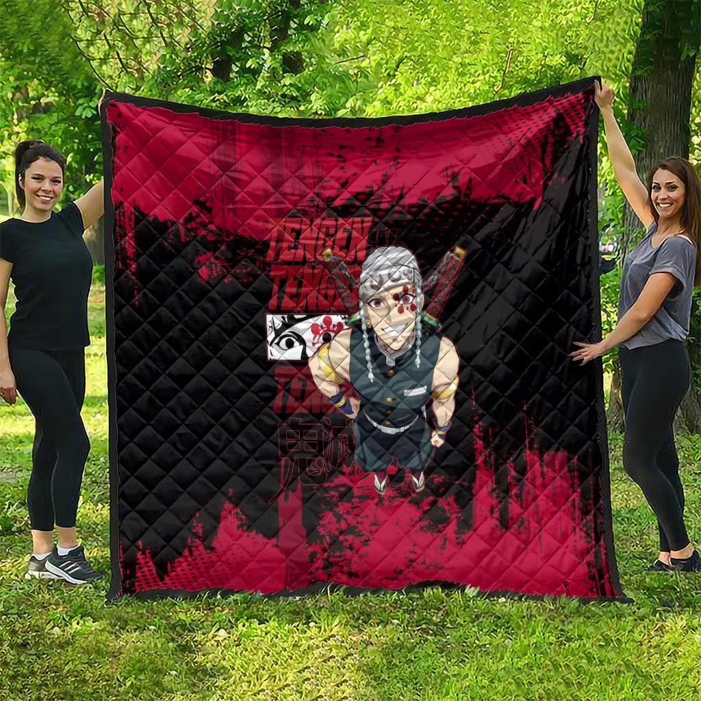 Tengen Uzui Demon Slayer Flashy Red Grunge Design Quilt with Eye Detail and Dual Sword Pose - The Mazicc