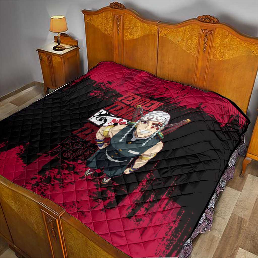 Tengen Uzui Demon Slayer Flashy Red Grunge Design Quilt with Eye Detail and Dual Sword Pose - The Mazicc