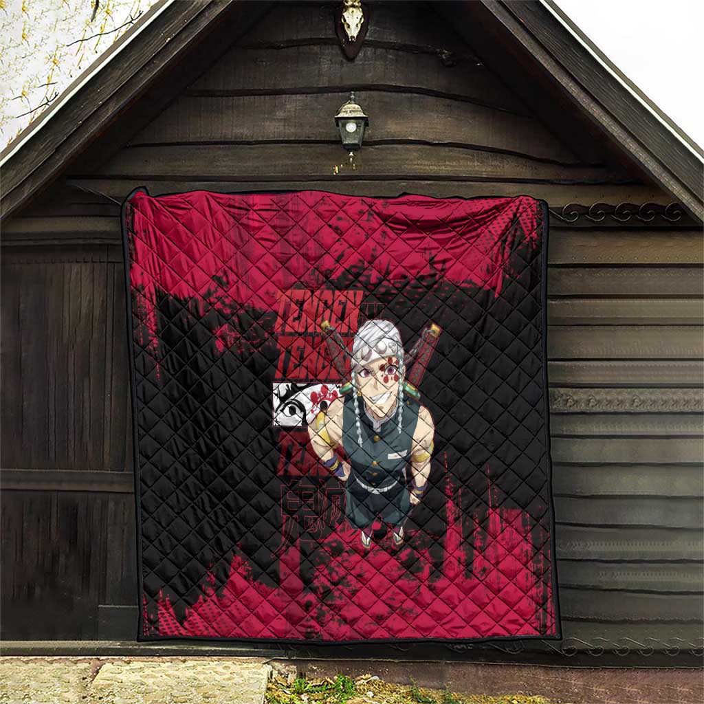 Tengen Uzui Demon Slayer Flashy Red Grunge Design Quilt with Eye Detail and Dual Sword Pose - The Mazicc