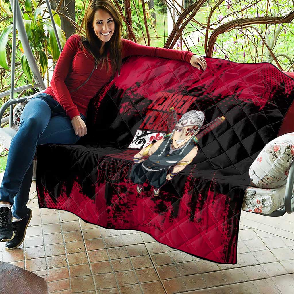 Tengen Uzui Demon Slayer Flashy Red Grunge Design Quilt with Eye Detail and Dual Sword Pose - The Mazicc