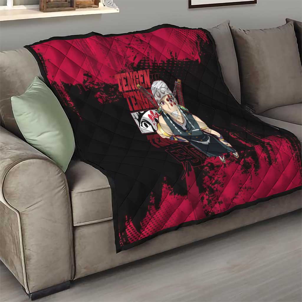 Tengen Uzui Demon Slayer Flashy Red Grunge Design Quilt with Eye Detail and Dual Sword Pose - The Mazicc