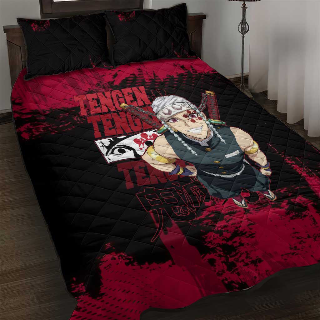 Tengen Uzui Demon Slayer Flashy Red Grunge Design Quilt Bed Set with Eye Detail and Dual Sword Pose - The Mazicc