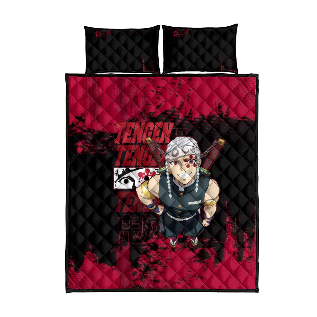 Tengen Uzui Demon Slayer Flashy Red Grunge Design Quilt Bed Set with Eye Detail and Dual Sword Pose - The Mazicc