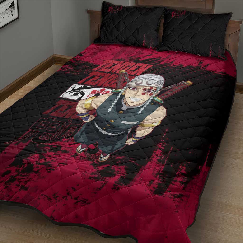 Tengen Uzui Demon Slayer Flashy Red Grunge Design Quilt Bed Set with Eye Detail and Dual Sword Pose - The Mazicc