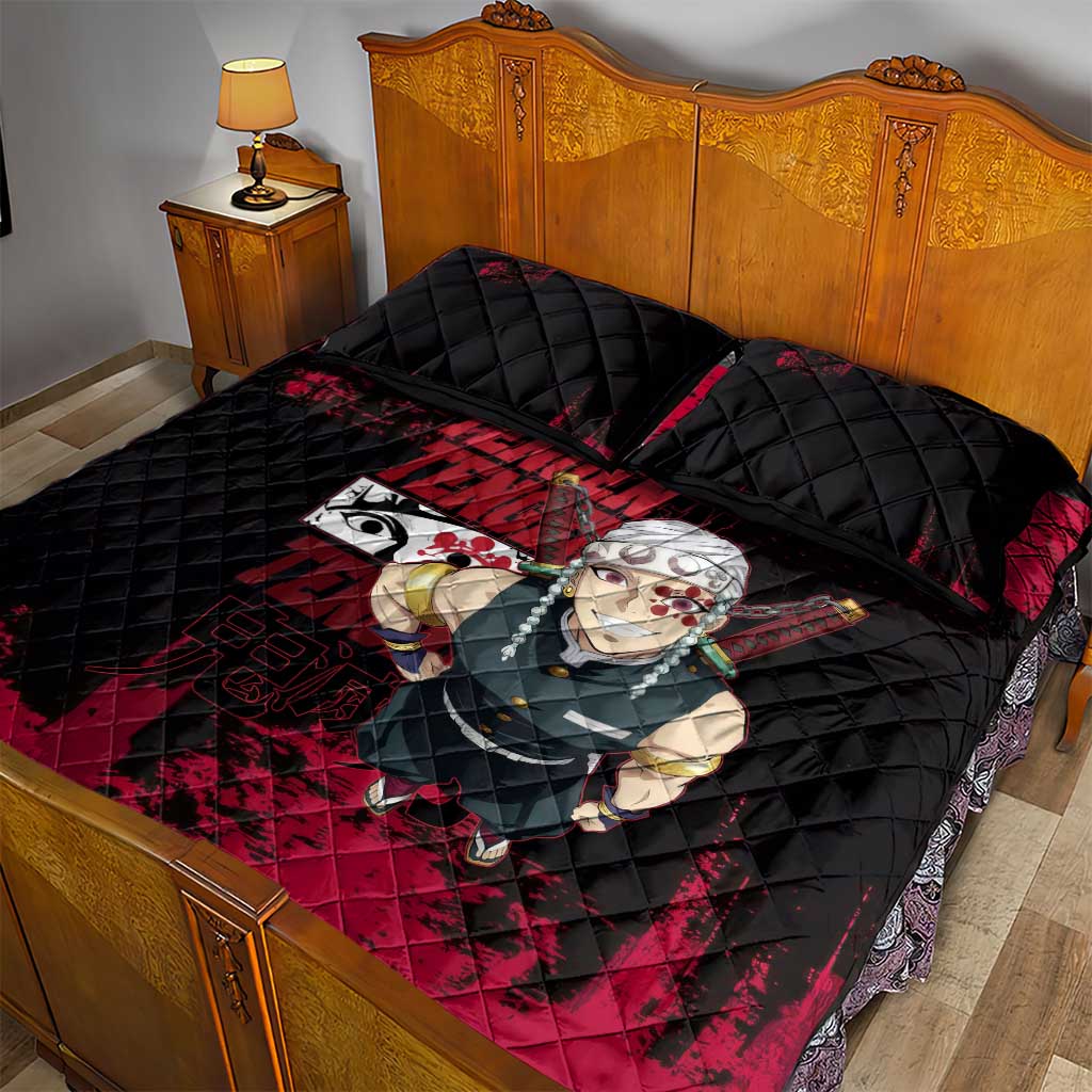 Tengen Uzui Demon Slayer Flashy Red Grunge Design Quilt Bed Set with Eye Detail and Dual Sword Pose - The Mazicc