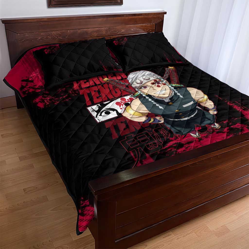 Tengen Uzui Demon Slayer Flashy Red Grunge Design Quilt Bed Set with Eye Detail and Dual Sword Pose - The Mazicc