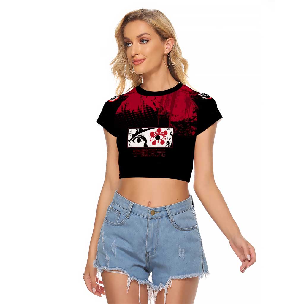 Tengen Uzui Demon Slayer Flashy Red Grunge Design Raglan Cropped T Shirt with Eye Detail and Dual Sword Pose - The Mazicc