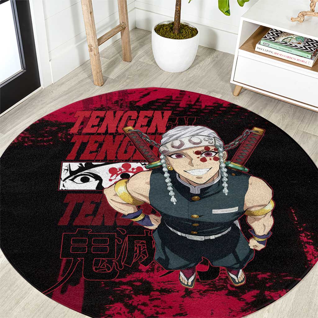 Tengen Uzui Demon Slayer Flashy Red Grunge Design Round Carpet with Eye Detail and Dual Sword Pose - The Mazicc