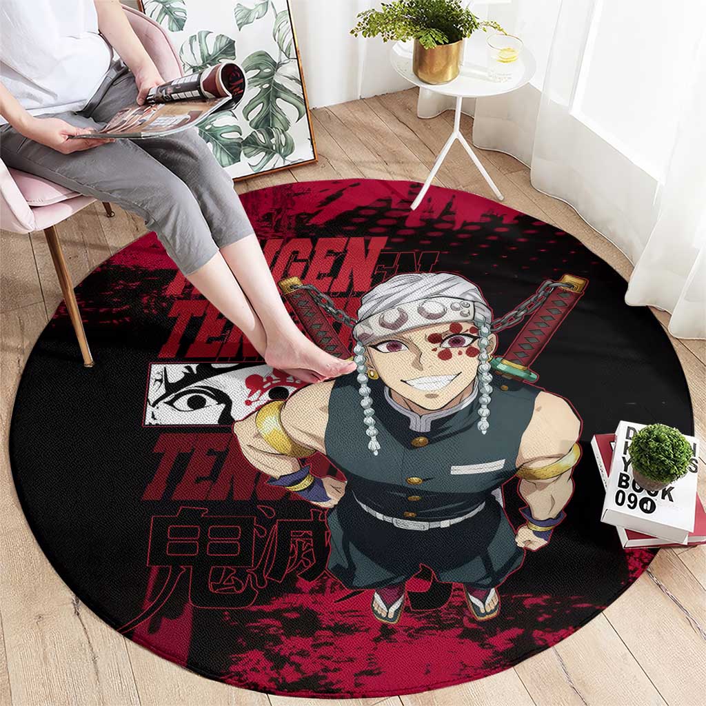 Tengen Uzui Demon Slayer Flashy Red Grunge Design Round Carpet with Eye Detail and Dual Sword Pose - The Mazicc