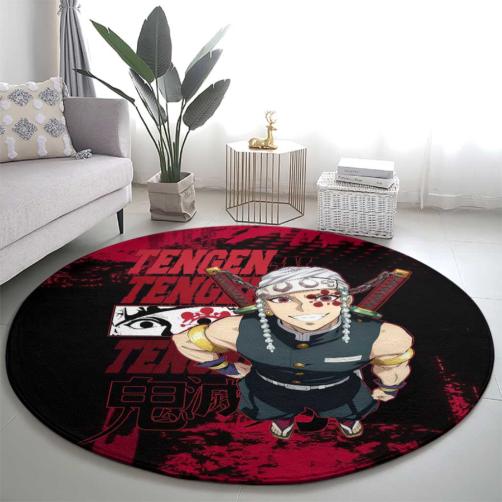Tengen Uzui Demon Slayer Flashy Red Grunge Design Round Carpet with Eye Detail and Dual Sword Pose - The Mazicc