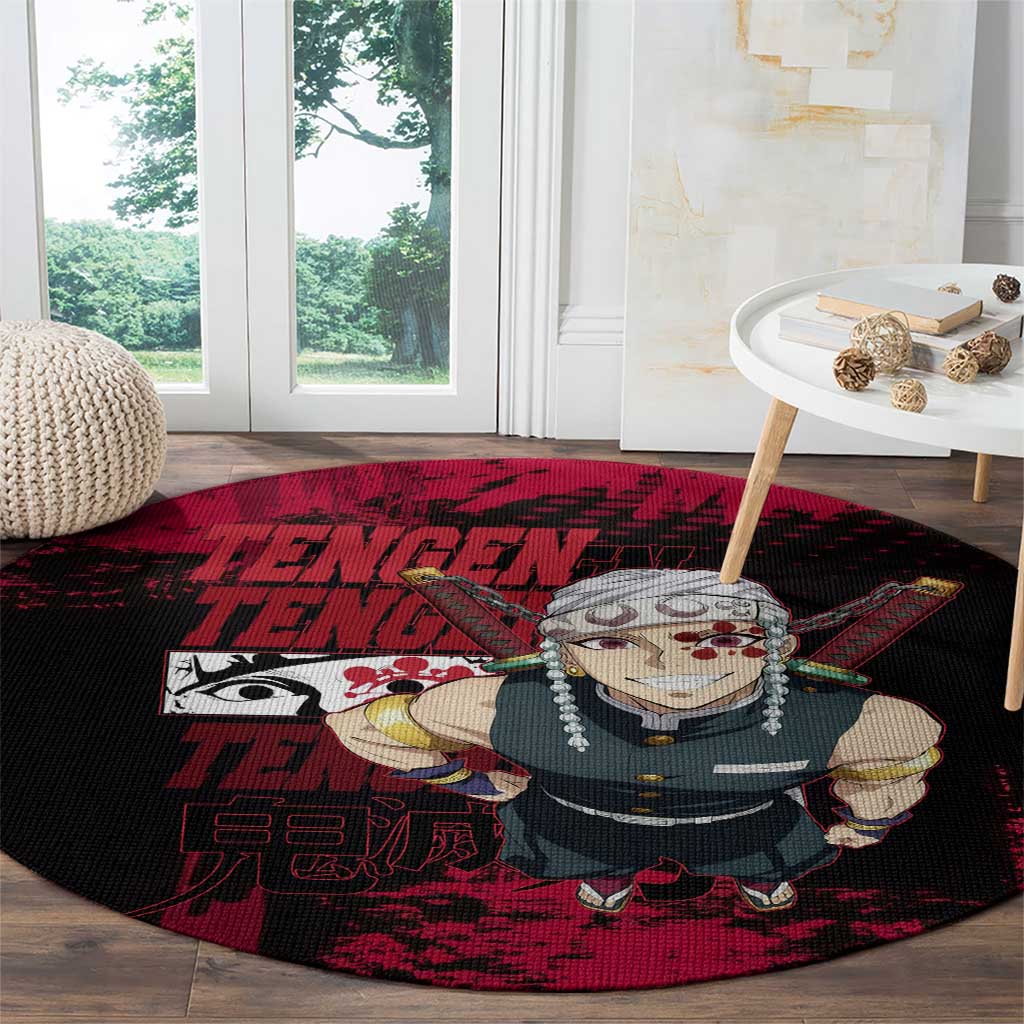 Tengen Uzui Demon Slayer Flashy Red Grunge Design Round Carpet with Eye Detail and Dual Sword Pose - The Mazicc