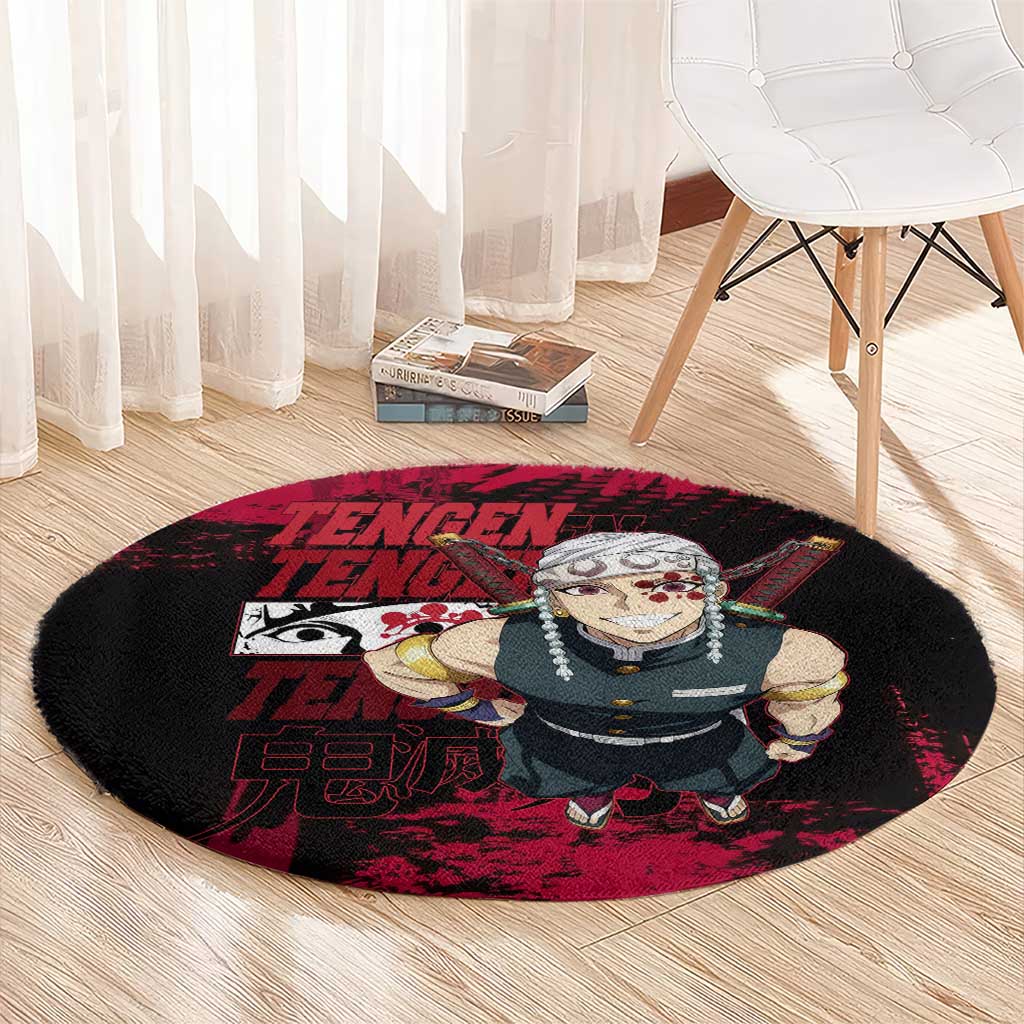 Tengen Uzui Demon Slayer Flashy Red Grunge Design Round Carpet with Eye Detail and Dual Sword Pose - The Mazicc