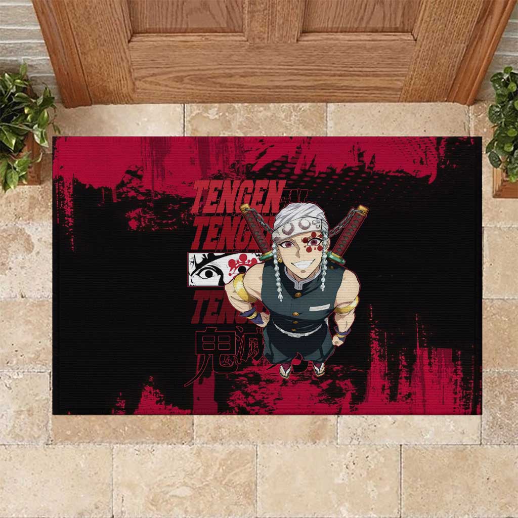 Tengen Uzui Demon Slayer Flashy Red Grunge Design Rubber Doormat with Eye Detail and Dual Sword Pose - The Mazicc