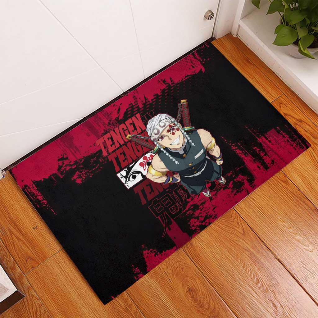 Tengen Uzui Demon Slayer Flashy Red Grunge Design Rubber Doormat with Eye Detail and Dual Sword Pose - The Mazicc