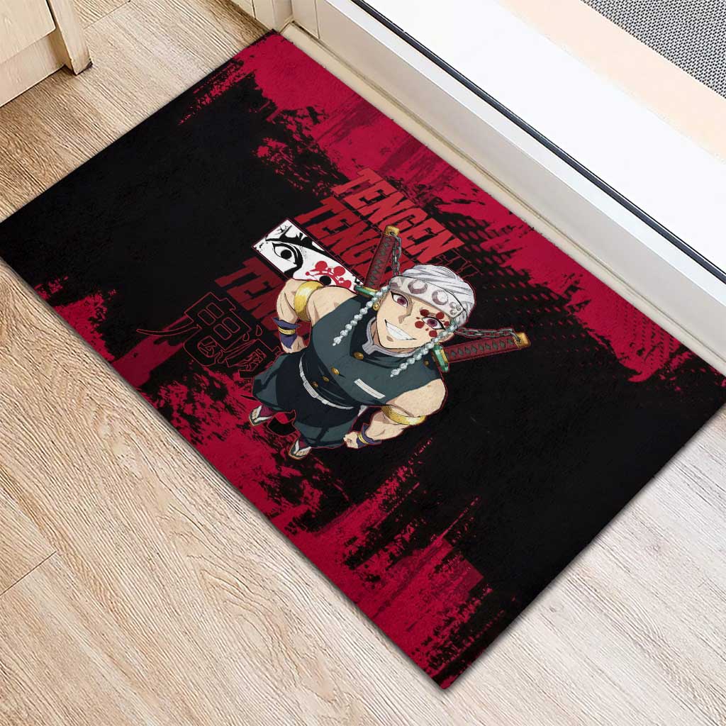 Tengen Uzui Demon Slayer Flashy Red Grunge Design Rubber Doormat with Eye Detail and Dual Sword Pose - The Mazicc