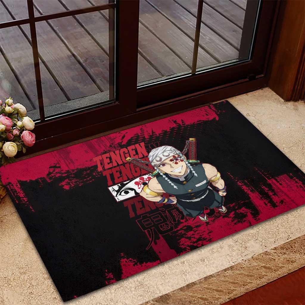 Tengen Uzui Demon Slayer Flashy Red Grunge Design Rubber Doormat with Eye Detail and Dual Sword Pose - The Mazicc