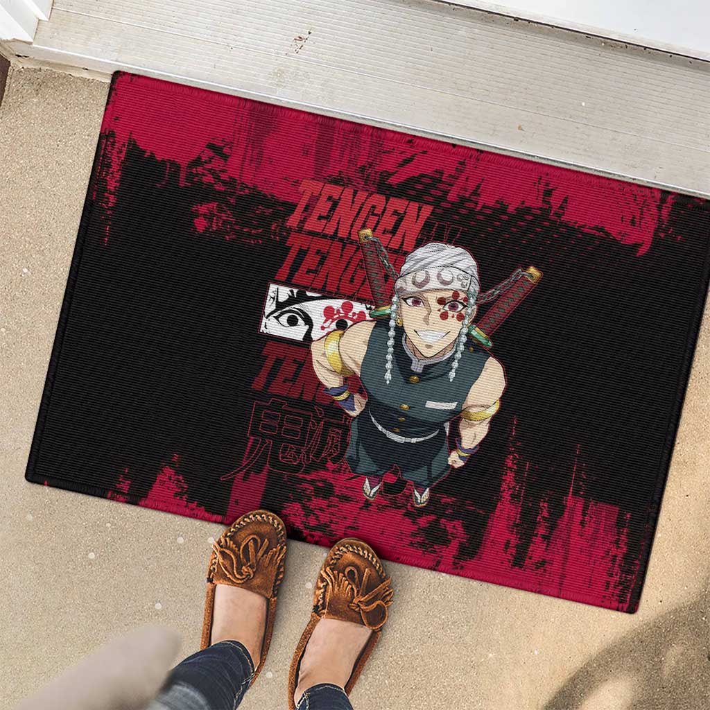 Tengen Uzui Demon Slayer Flashy Red Grunge Design Rubber Doormat with Eye Detail and Dual Sword Pose - The Mazicc